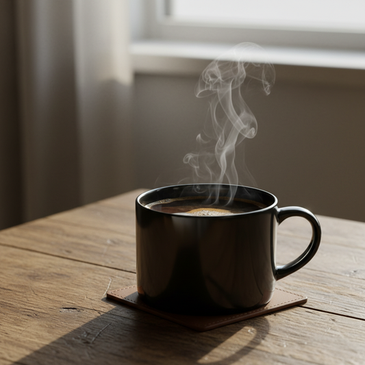 Black glossy ceramic coffee mug with steam rising on a rustic wooden table