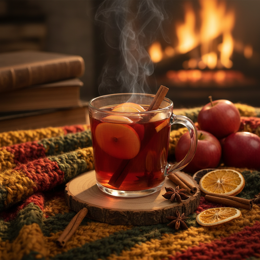 Apple Cider Rooibos tea in clear glass mug with apple slices, cinnamon sticks and orange peel