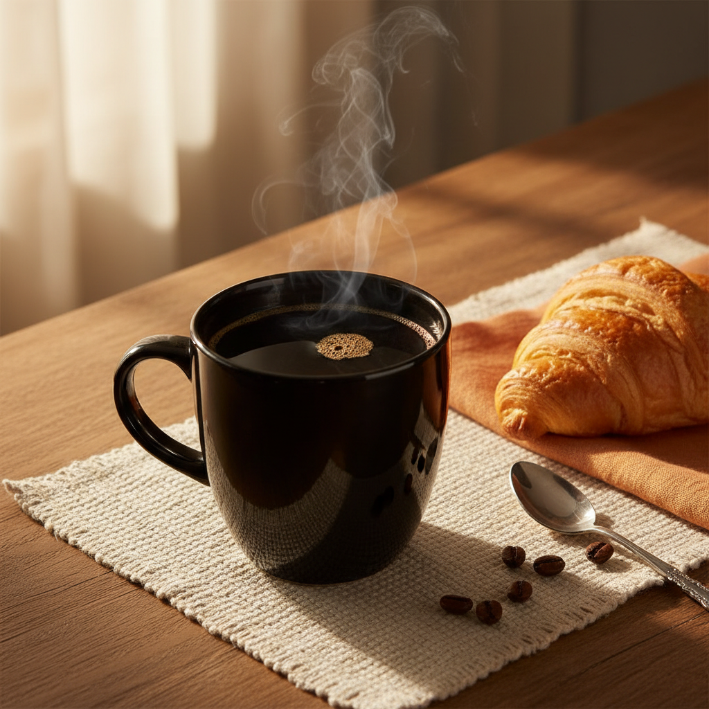 Black glossy ceramic coffee mug on a cozy morning breakfast table with warm sunlight
