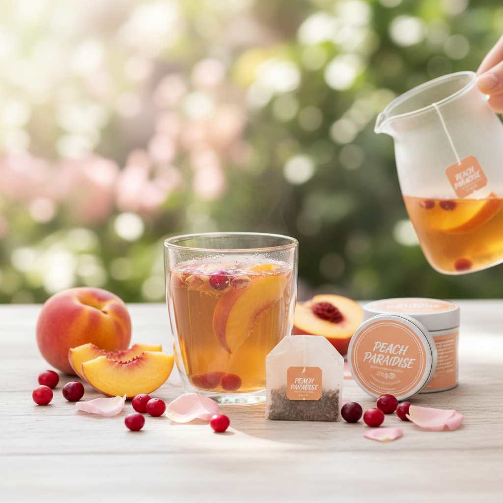 Peach Paradise herbal tea with peach slices, cranberries and rose petals in soft golden tones