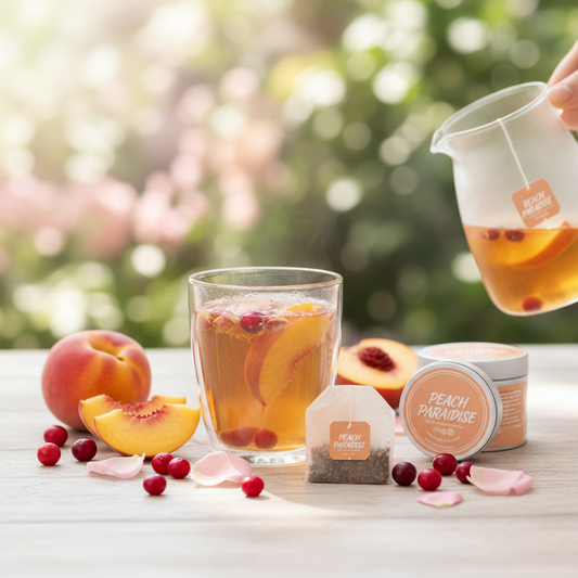 Peach Paradise herbal tea with peach slices, cranberries and rose petals in soft golden tones