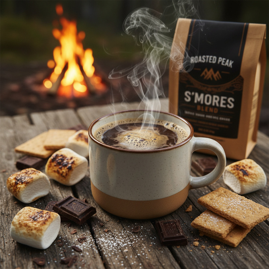 Steaming mug of s'mores coffee by a campfire with marshmallows and chocolate
