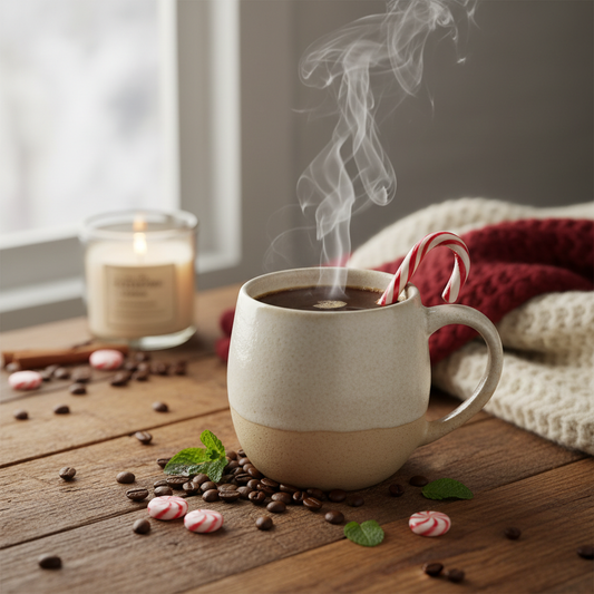 Steaming mug of peppermint coffee with candy cane stirrer