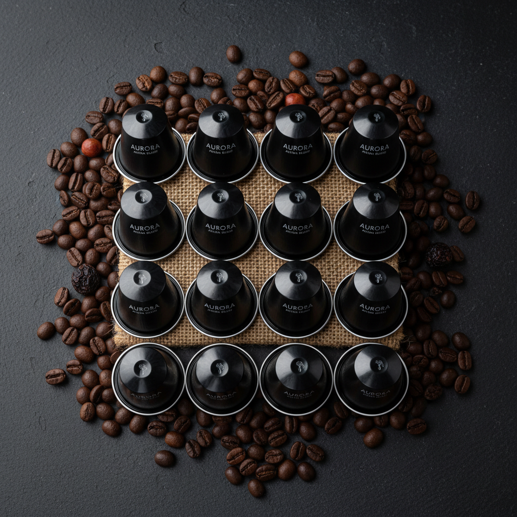 12 single serve coffee capsules flat lay with coffee beans on dark background
