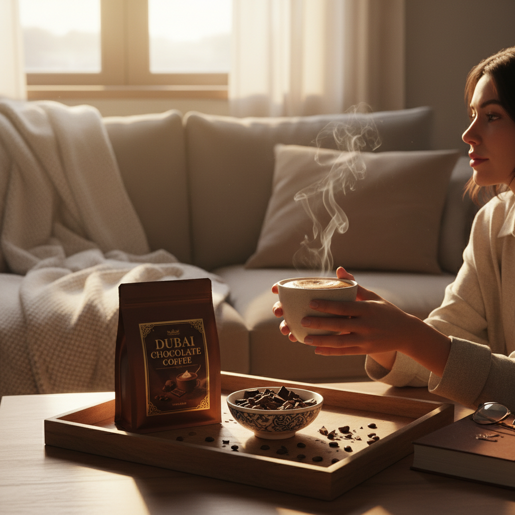 Morning lifestyle scene with Dubai Chocolate Coffee