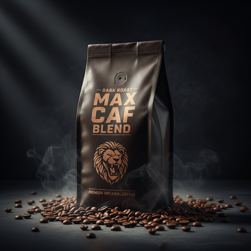 Max Caf Blend dark roast coffee bag on dramatic dark background with coffee beans