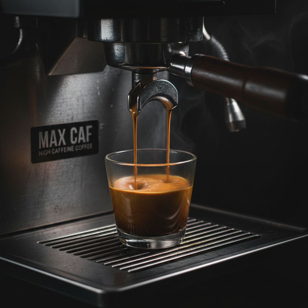 Strong dark espresso shot with rich crema for Max Caf high caffeine blend