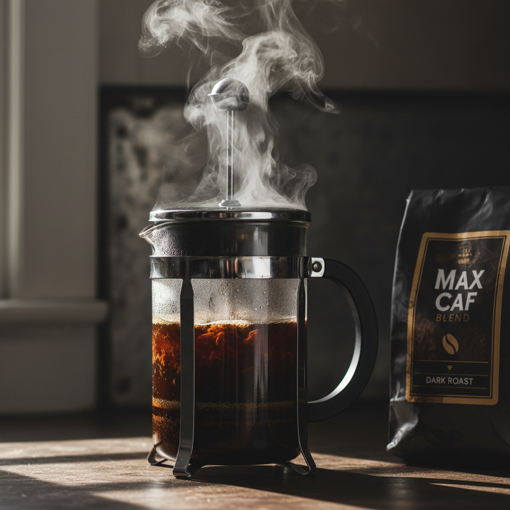 Max Caf Blend dark roast coffee brewing in a french press with dramatic moody lighting