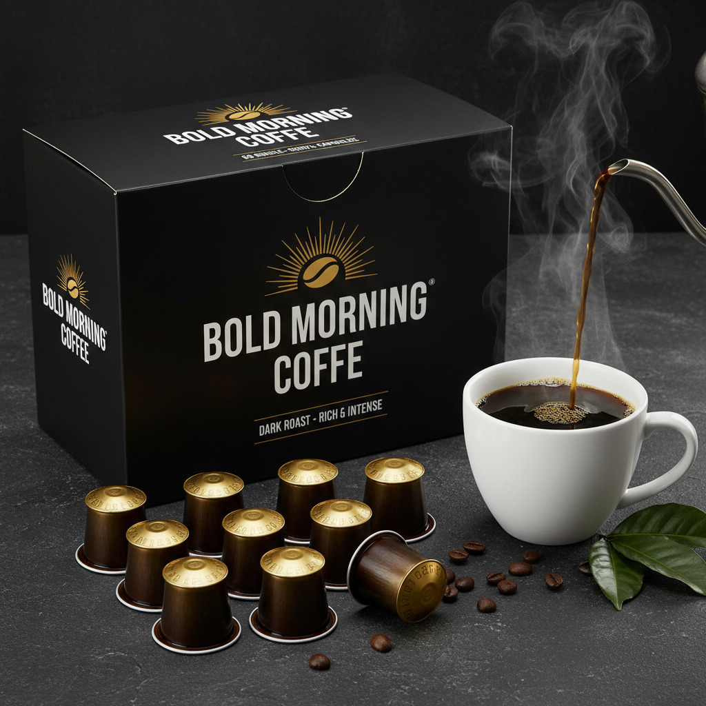 60 pack single serve coffee capsules arranged on dark background with steaming coffee cup