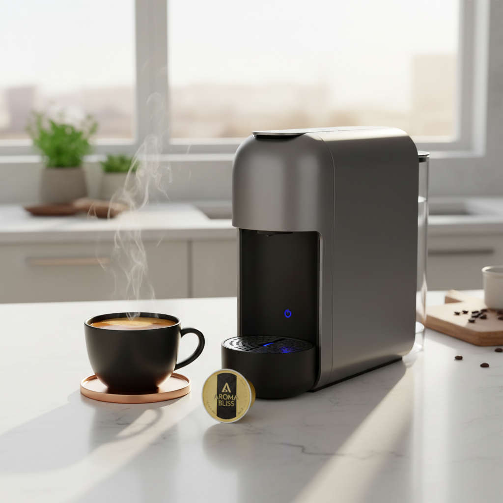 Single serve coffee capsule next to a pod brewer with a fresh brewed cup of coffee