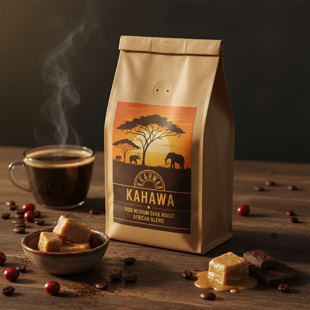 African Kahawa Blend coffee with coffee cherries and roasted beans in warm earthy tones