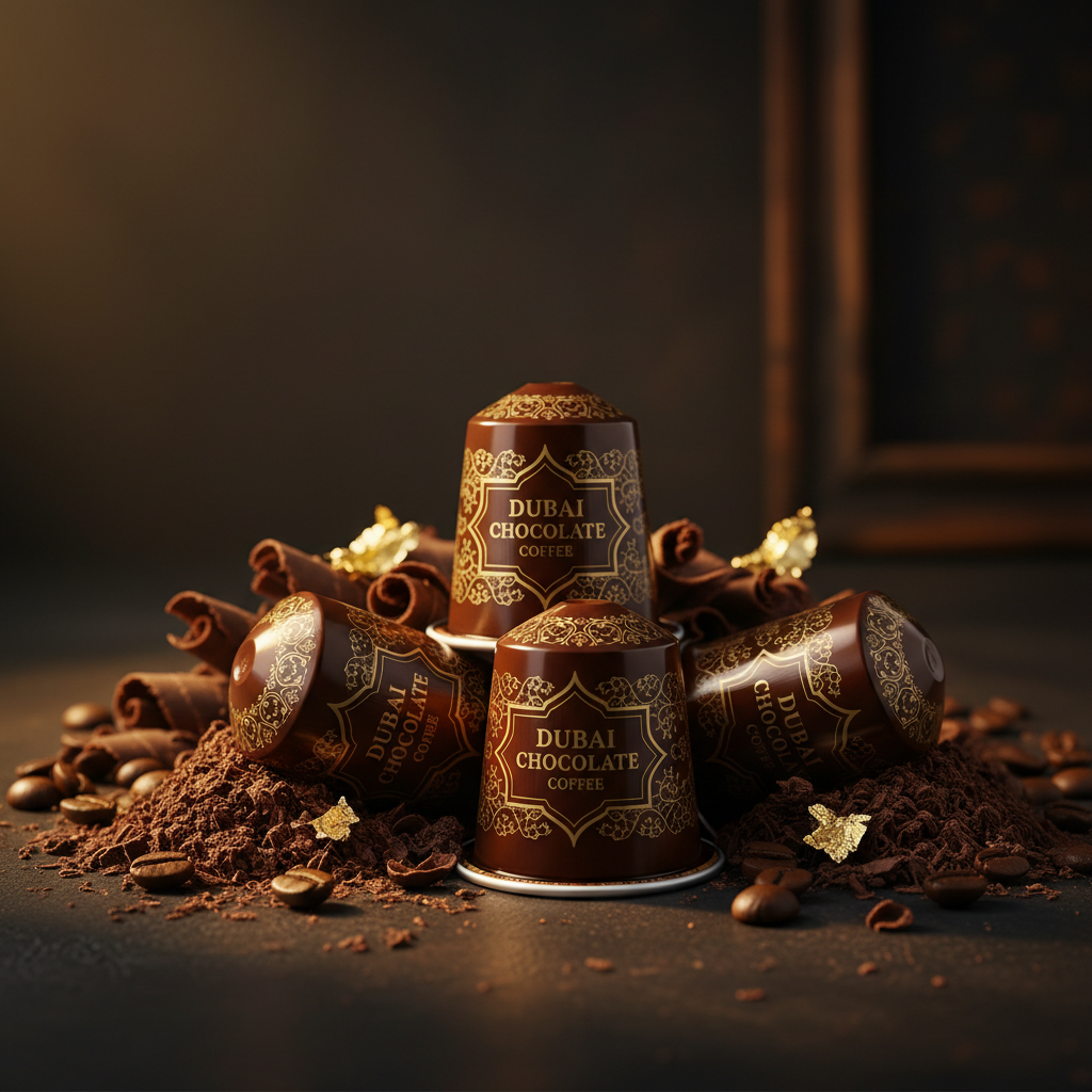 Dubai Chocolate coffee capsules with chocolate shavings and coffee beans on dark background