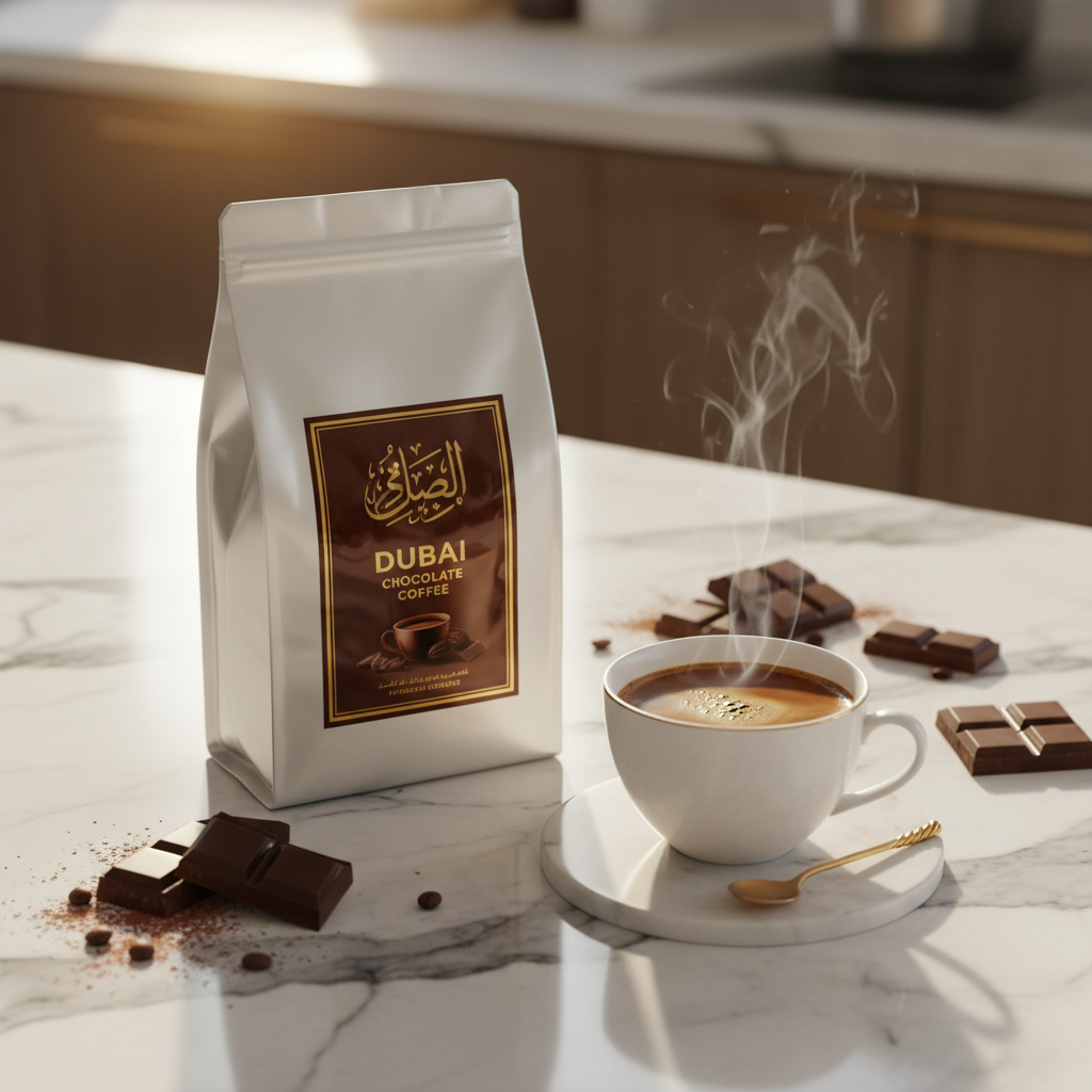Dubai Chocolate Coffee product on marble countertop with steaming cup