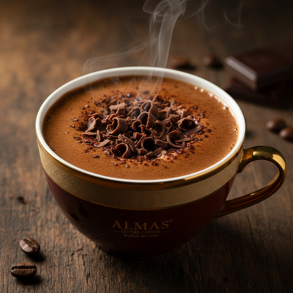 Close-up of Dubai Chocolate Coffee brewed cup with chocolate shavings