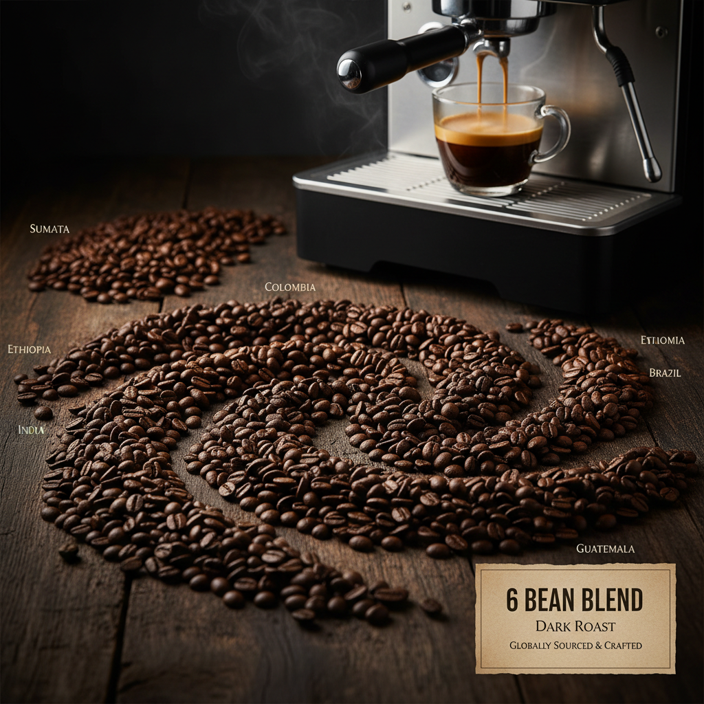 6 Bean Blend dark roast coffee beans from six global origins with espresso shot