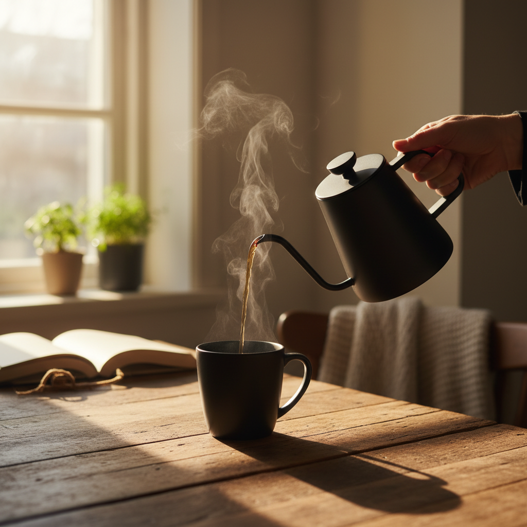Peru Decaf coffee being poured into a black ceramic mug in warm morning sunlight