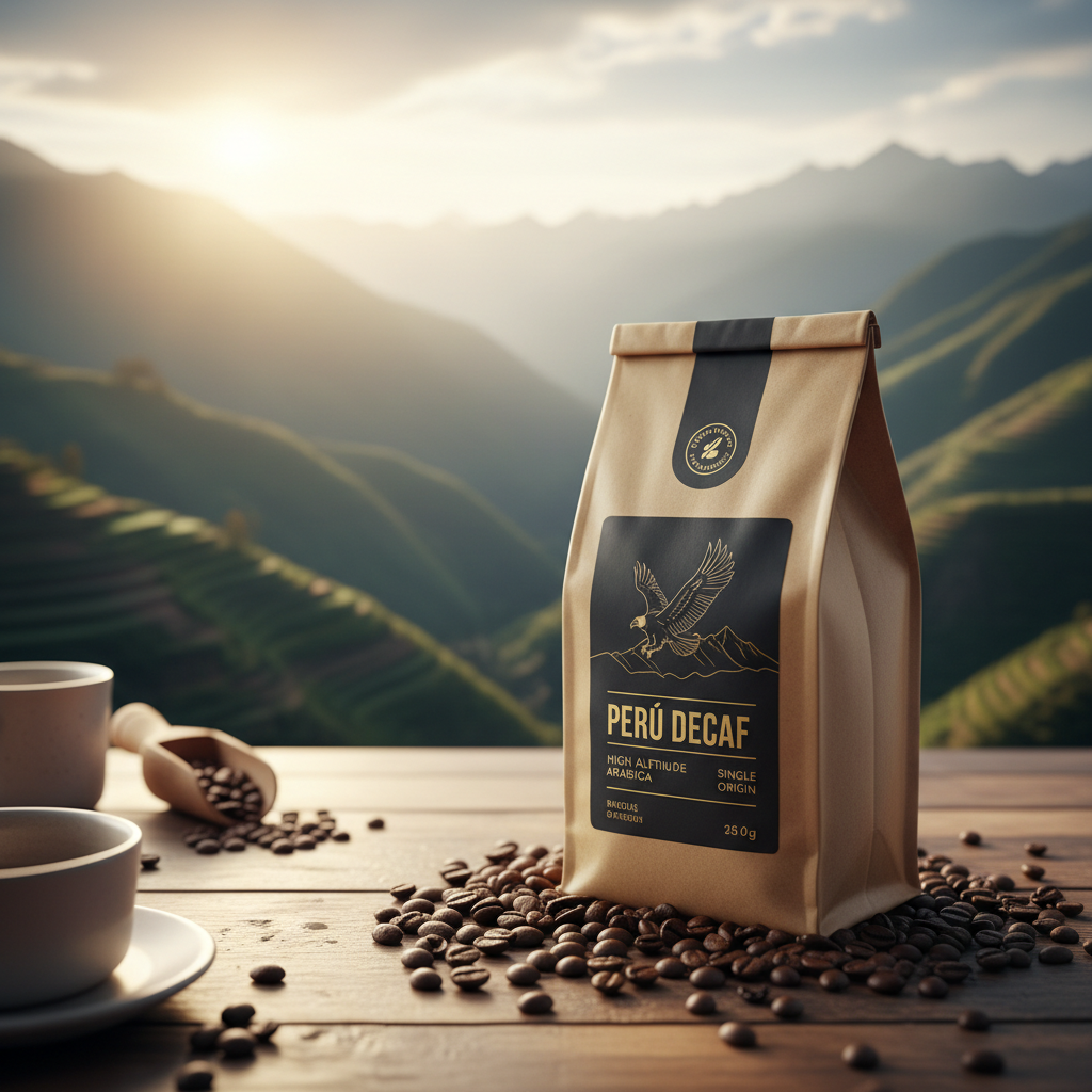 Peru Decaf coffee bag with coffee beans and mountain landscape in warm morning light