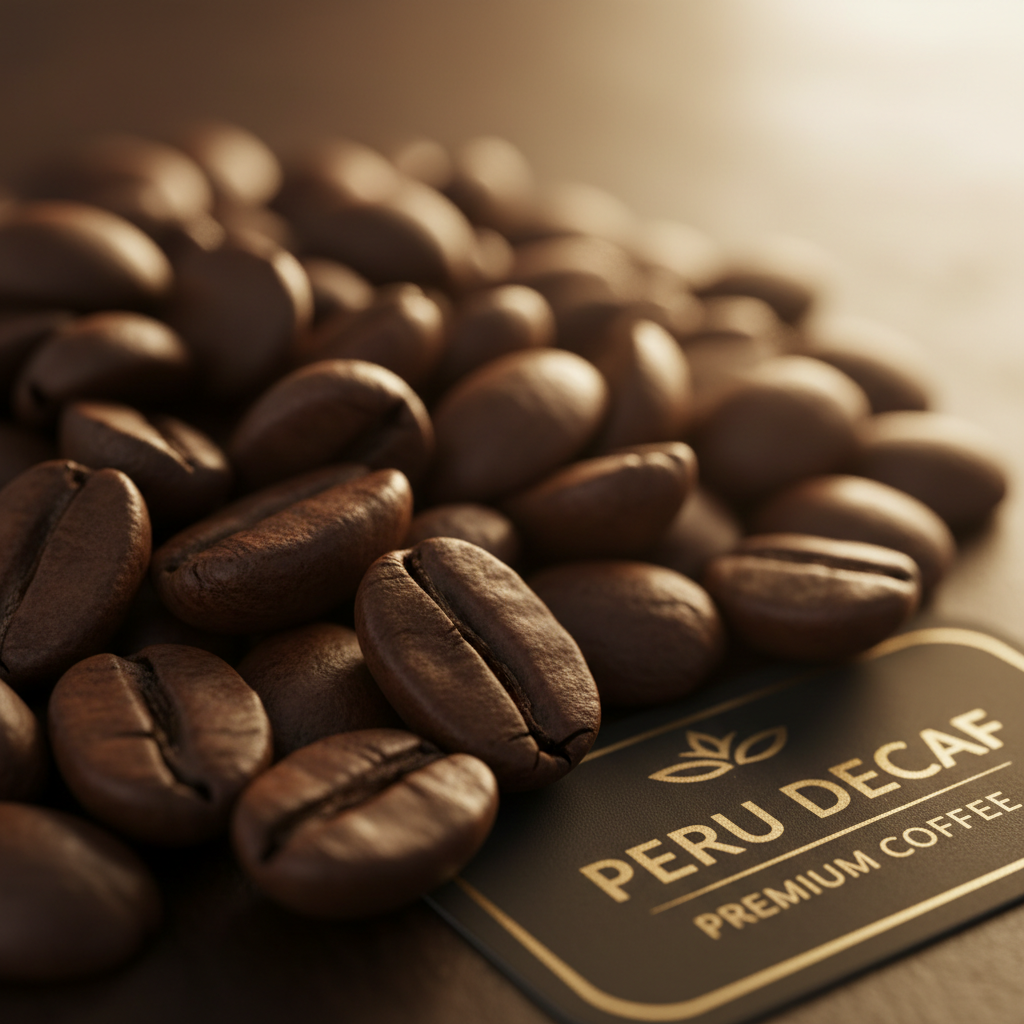 Close up of dark roasted Peru Decaf coffee beans in warm golden light